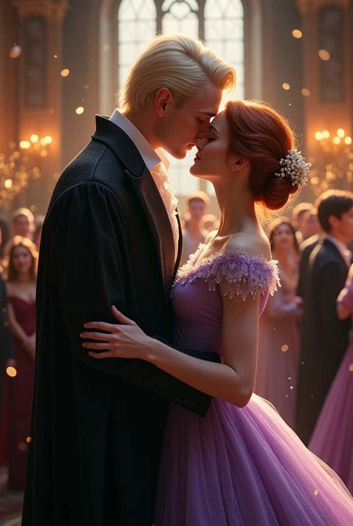 I want a picture of Draco Malfoy and Ginny Weasley kissing in a really cute way at some kind of ball, they are in the 4th year (Goblet of Fire) wear Draco&#39;s original outfit from the movie, but Gina&#39;s is a very pretty long lilac dress, her hairstyle is like Belle&#39;s from Beauty and the Beast, and with their kiss dancing super in love and cute 