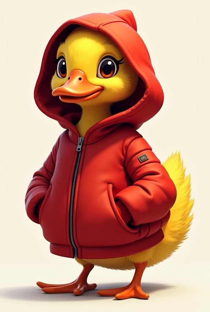 the duck has bright yellow plumage., but instead of its usual plumage, He is wearing a red hooded jacket that suits him very well... The hood covers your head and neck., giving it a very cool and modern look. the duck'eyes shine with curiosity, and their wings are ready to unfold at any moment.