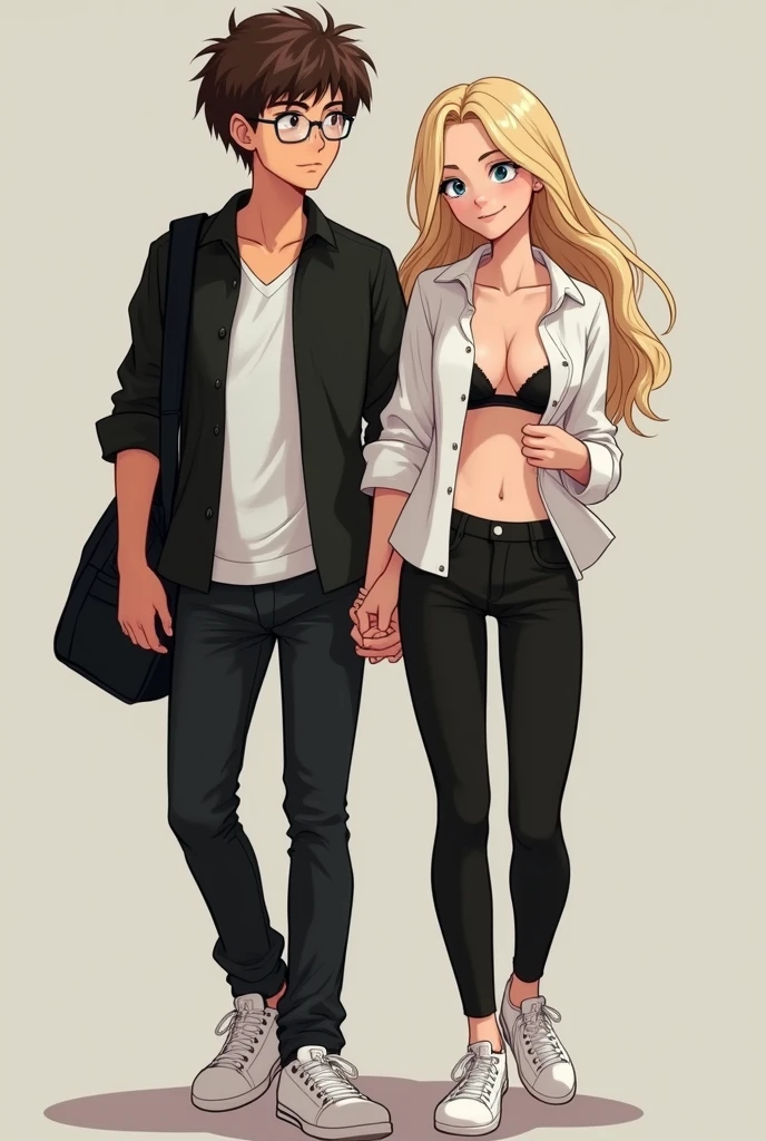 A  boy wearing a black shirt like a jacket, black pants, white shoes, brown hair, no beard, glasses, carrying a black bag and he is with his girlfriend who is wearing a white shirt and black pants and blonde hair and the girl opens her shirt and her underwear is visible and the girl looks very sexy.