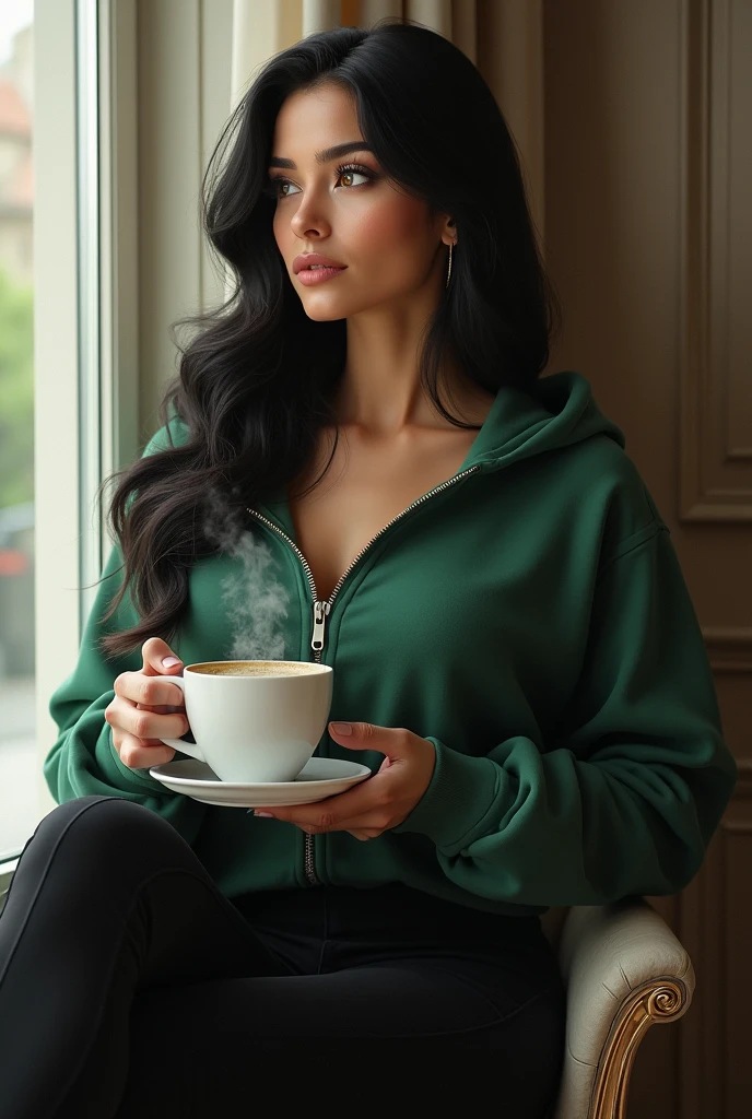 -High quality- -masterpiece- A very pretty beautiful woman, with dark hair, black eyes, white skin, big breasts, dressed in a green sweatshirt, black pants, sitting having a coffee while looking out the window+