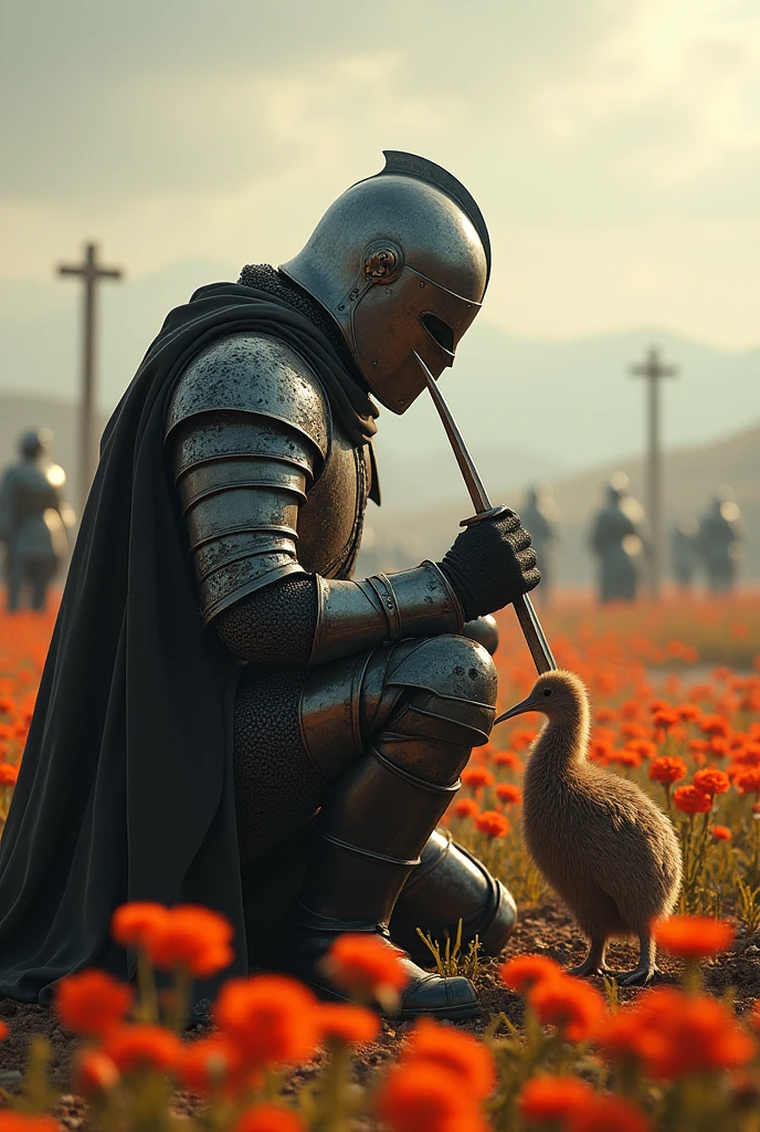 Medieval warrior with helmet covering his entire face (minute details in the armor which is of a general), on your knees and slightly crouched, leaning on his sword with his right hand,  watching a kiwi (the bird kiwi) and closing the kiwi&#39;s beak (the bird) with the fingers of his left hand, in a field of flowers, which are burning in the background, since they are in a war field, with corpses in the distance