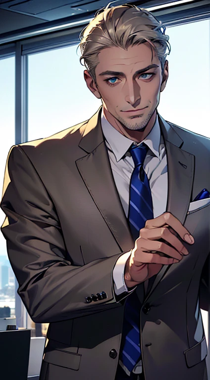 (best quality,4k,8k,highres,masterpiece:1.2),ultra-detailed,(realistic,photorealistic,photo-realistic:1.37),1 man,3,mature man,very handsome,without expression,smile,short grey golden hair,blue eyes,penetrating gaze,perfect face without errors,imposing posture,businessman,office background,cinematic lighting,hdr image
