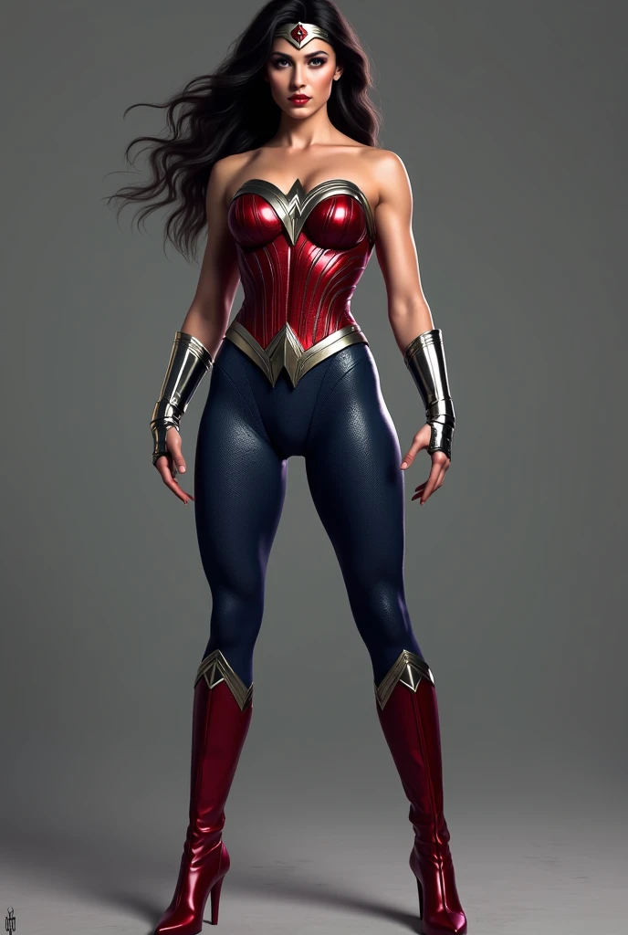 (((Wonder Woman navy blue jumpsuit with scales, red corset in silver metal diaema armor with a red star on her forehead, long red boots up to her knees)))