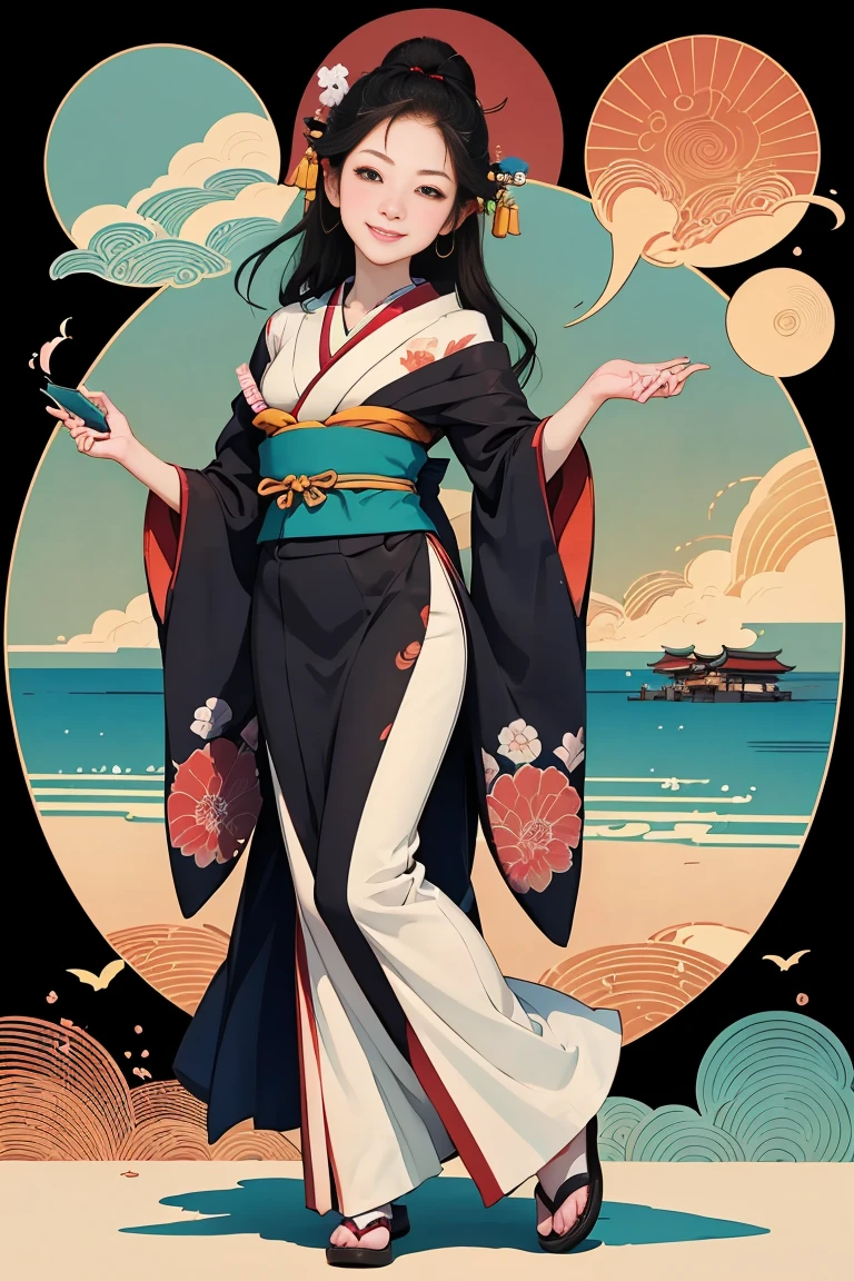 (SeaArt creates stunning illustrations of beautiful women in kimono)、Vividly colored Japanese Ukiyo-e style illustrations、A beautiful woman smiles and shows her upper white teeth、Brown-black long hair、Beautiful full body style、Let's dance a little Tokyo Ondo Yoiyoi、Beautiful new digital paintings,、Bright vibrant digital anime art、 Beautiful anime portraits、background、Torii gate of the Japan shrine、 Detailed digital anime art、