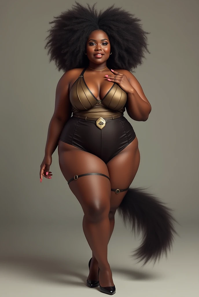 Woman with big breasts, sexy, short skirt, black, afro hair, big tail, sexy body, hot Put on a uniform