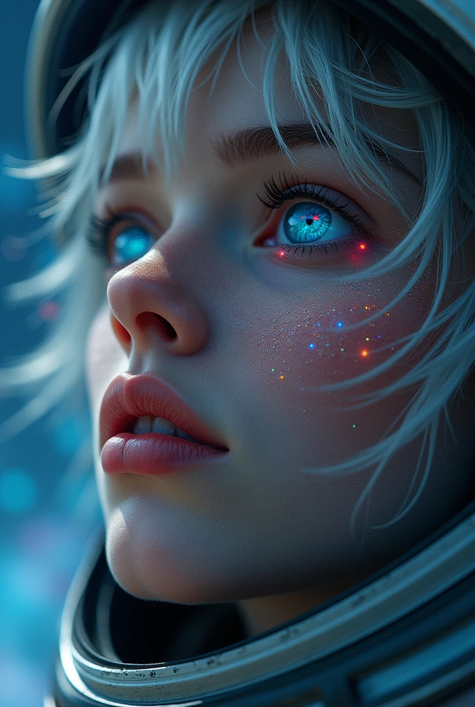 (Close-up of a better masterpiece:1.5)0.9], (Space and astronauts:1.2) (Messy silver hair:1.1) (Heterochromia xanthochromia and blue eyes:1.2) (Space Helmet:1.0) (Colored stars in the eyes:1.0) (A radiant glow:1.1) (thick lips:0.9)
