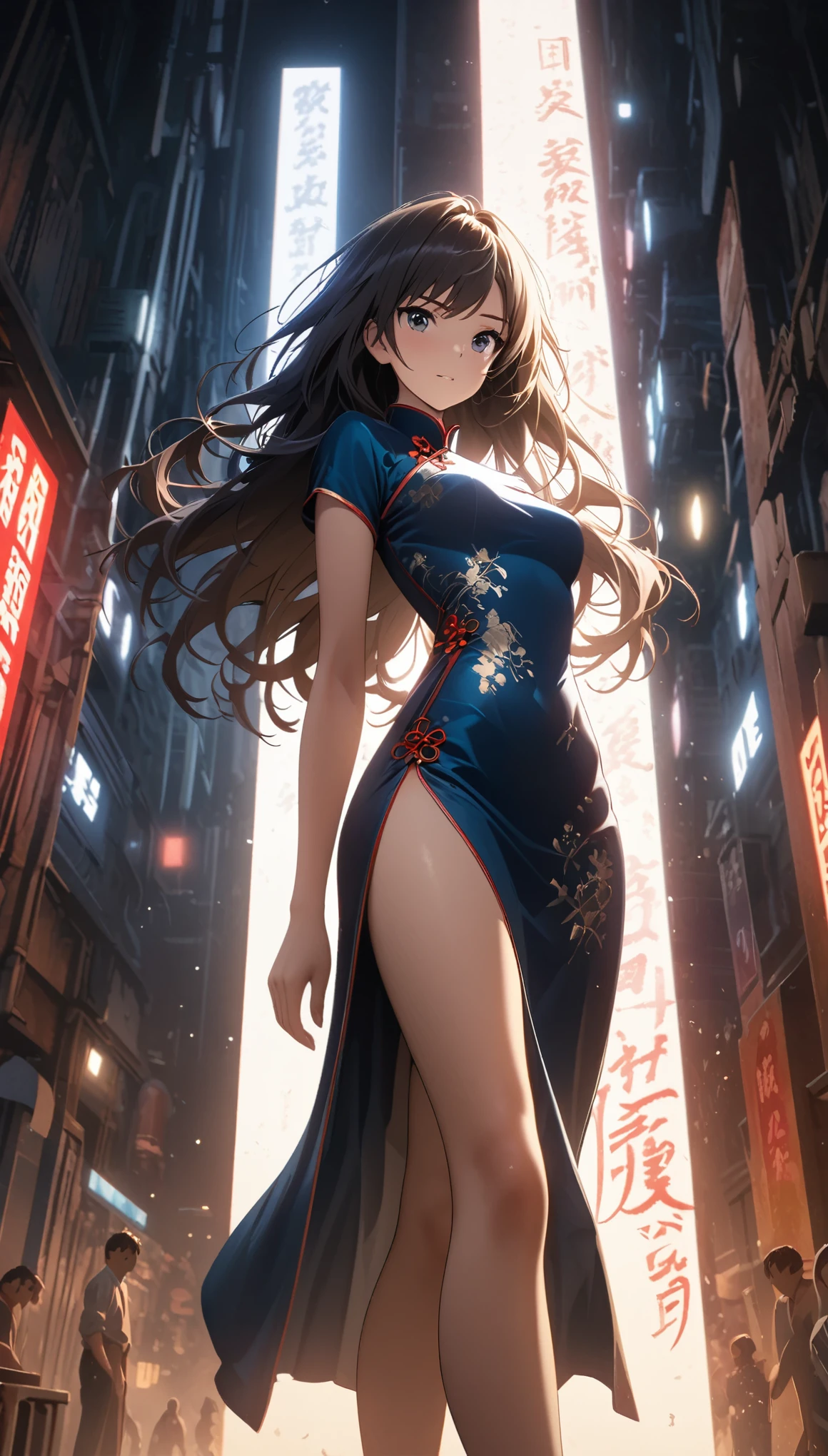 Cheongsam Girl,Long Hair,Pure white background,Depth of written boundary,Low angle view,Calf Level View,Overclocked Renderer,Cinema Lighting,Ultra-fine,Very detailed,complicated,Cinematic Perspective,CG Art,Side zipper
