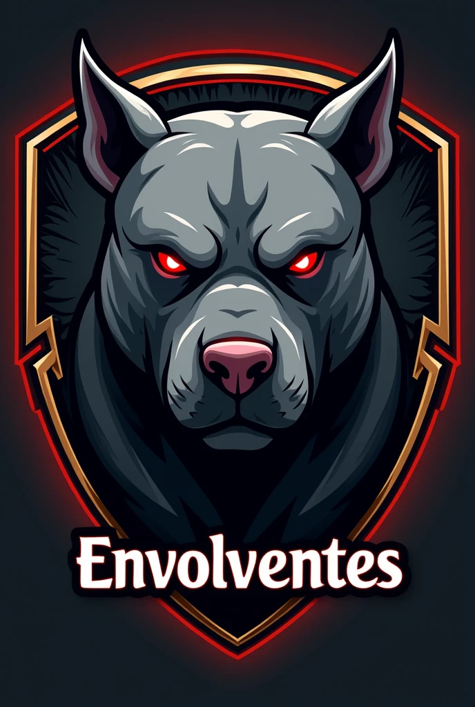 Create a gray pitbull logo'S; com olhoS vermelhoS, face for a football team. Faça dele um eScudo em formado quadrado com detalheS preto e dourado com detalheS vermelho . Coloque uma fonte pequena eScrito ENVOLVENTES em baixo, empty background, Sombrio. . TranSforme-o em pgn