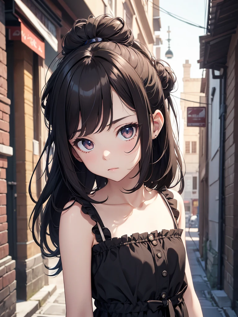 (8K, Best Quality, Masterpiece, Ultra High Resolution) Single Person, 1 Girl, Toddler, Young, Small Child, Cute Eyes, Face Details, Pale Skin, Slender, Short, Flat Chest, Dark Black Hair, Hair Buns, Brown Eyes, Hair Bow, Black Dress, Dark Alleyway, Best Quality, Upper Body, Looking at the Viewer, Facing Viewer, Close Up