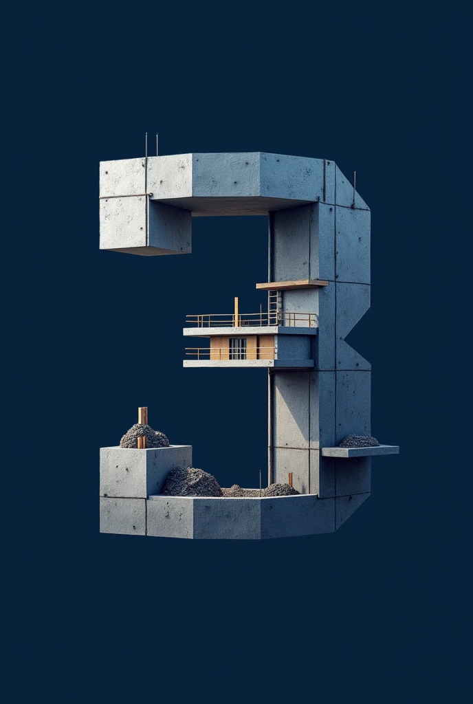 Create a logo with the image of a building under construction in the shape of the number 3, dark blue color.