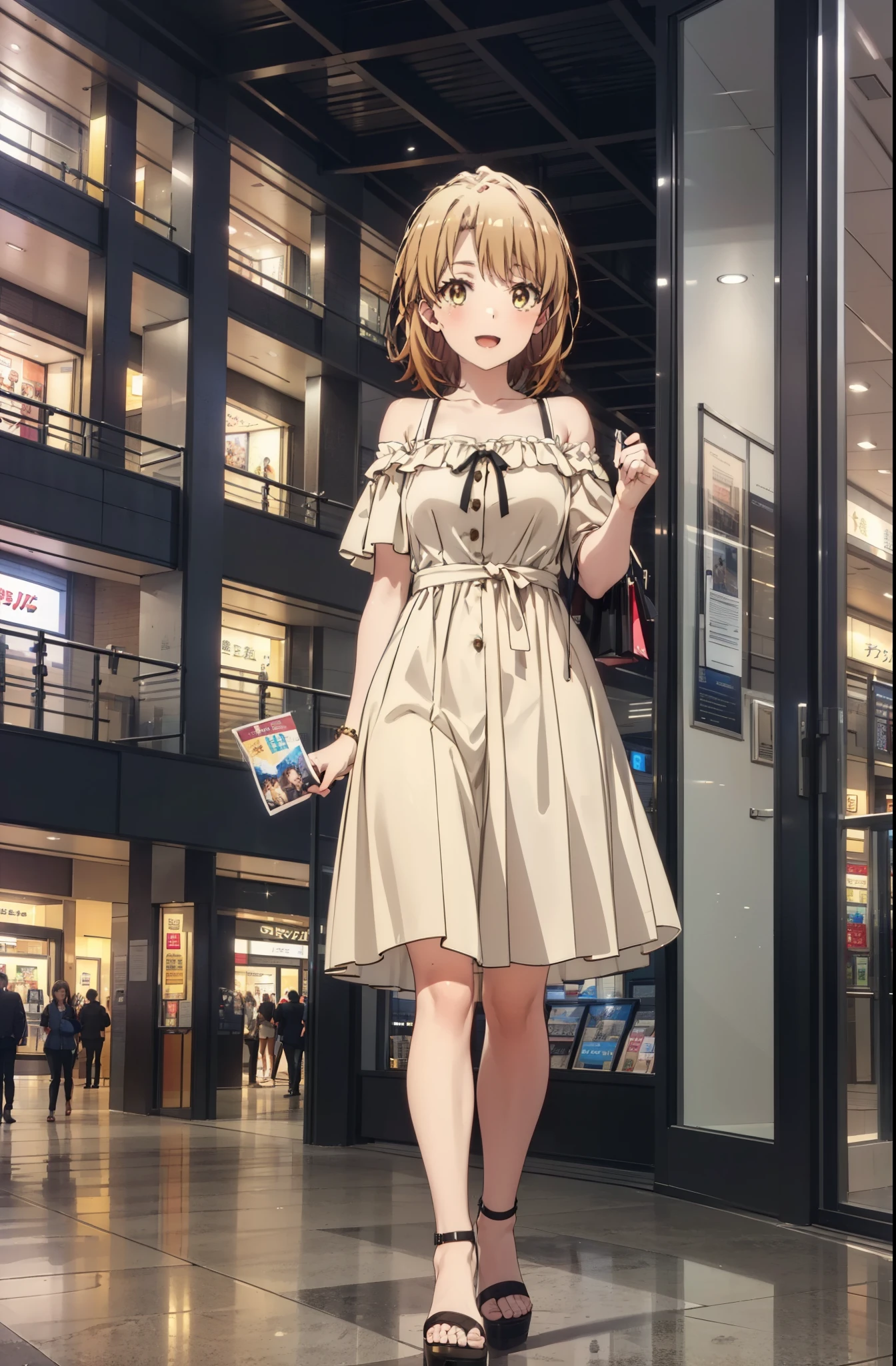 Irohaisshiki, isshiki iroha, short hair, Brown Hair, (Brown eyes:1.5), smile,Open your mouth,smile,Off-the-shoulder yellow dress,mini skirt,Cute heeled sandals,Walking,whole bodyがイラストに入るように,
break indoors,Shopping mall,
break looking at viewer,whole body,
break (masterpiece:1.2), Highest quality, High resolution, unity 8k wallpaper, (figure:0.8), (Beautiful attention to detail:1.6), Highly detailed face, Perfect lighting, Highly detailed CG, (Perfect hands, Perfect Anatomy),
