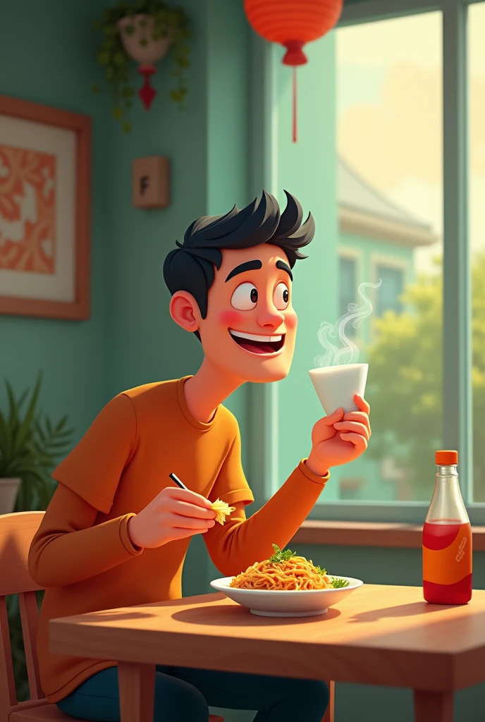Man eating cheap food in table animated