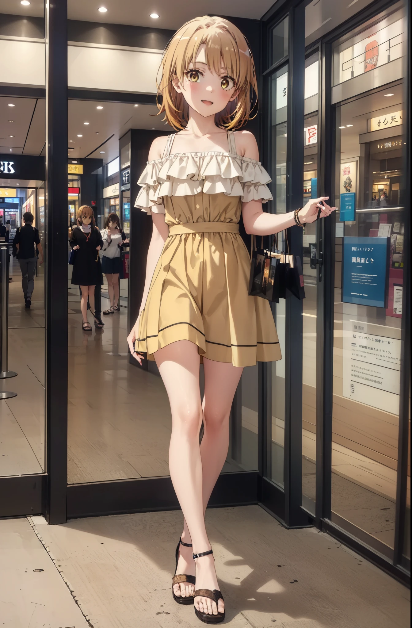 Irohaisshiki, isshiki iroha, short hair, Brown Hair, (Brown eyes:1.5), smile,Open your mouth,smile,Off-the-shoulder yellow dress,mini skirt,Cute heeled sandals,Walking,whole bodyがイラストに入るように,
break indoors,Shopping mall,
break looking at viewer,whole body,
break (masterpiece:1.2), Highest quality, High resolution, unity 8k wallpaper, (figure:0.8), (Beautiful attention to detail:1.6), Highly detailed face, Perfect lighting, Highly detailed CG, (Perfect hands, Perfect Anatomy),