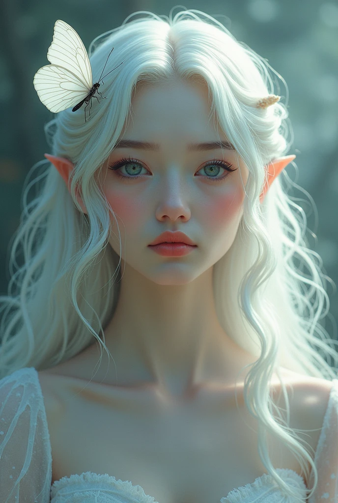 a woman of , clear eyes, white hair with dark highlights, rosto angelical, light and flowing dress, rosy cheeks, red lips with a butterfly
