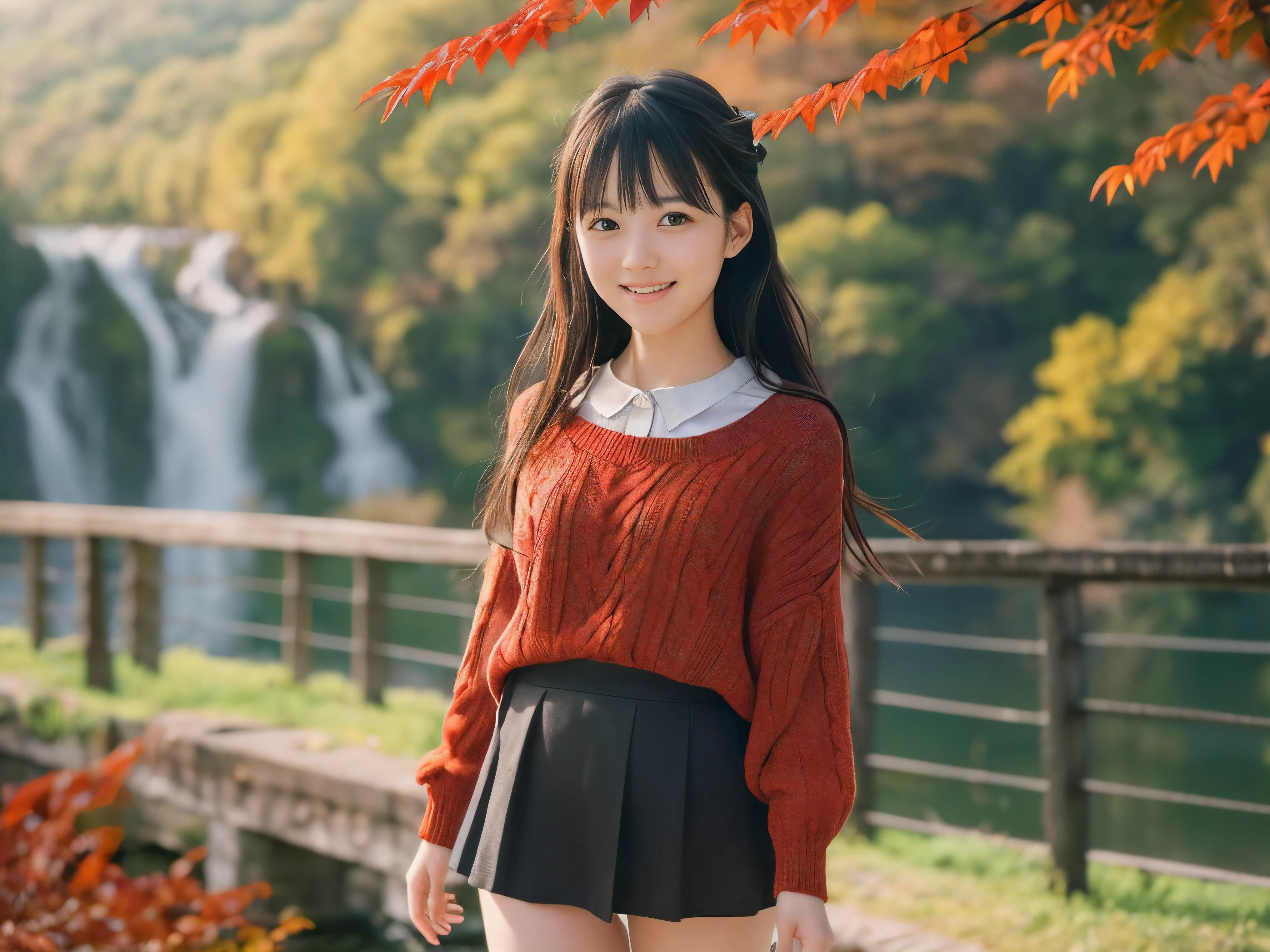 (Close up face shot of one slender small breasts two side up black medium hair with bangs girl in a long sleeves shirt and sweater and skirt:1.5)、(One girl is dancing with happy smile on the dart road near the lake and big waterfall in Japan:1.5)、(Beautiful autumn red leaves landscpe:1.5)、(Natural light:1.5)、(8k ultra detailed master piece:1.5)、(perfect anatomy:1.5)、(Photorealistic stick:1.5)、(Raw photo:1.3)、(highest quality:1.5)、(High resolution:1.3)、(Delicate and beautiful perfect face:1.3)、(Delicate and beautiful eye air skin:1.3)、(Real Human Skin:1.3)、((thin legs))