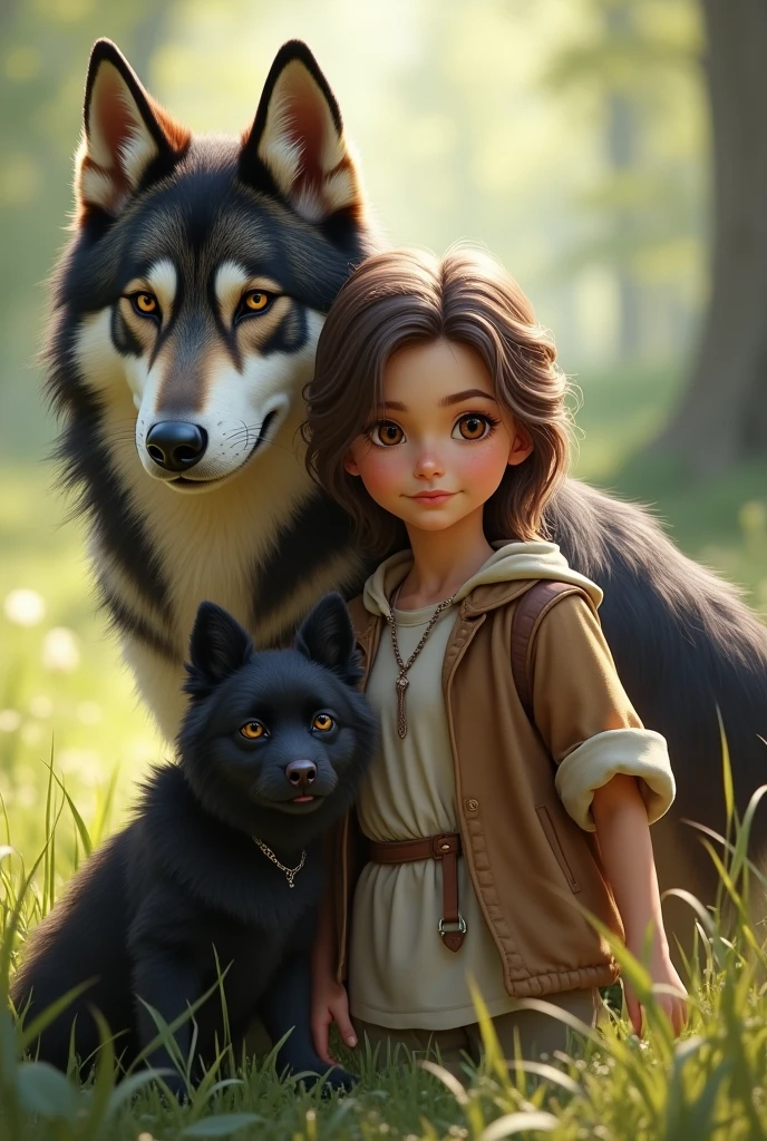 A little brunette girl with dark brown eyes and 2 male dogs, one large, a wolf breed with black and white spots and the other very small, a Bilchon Maltese breed and only black in color.