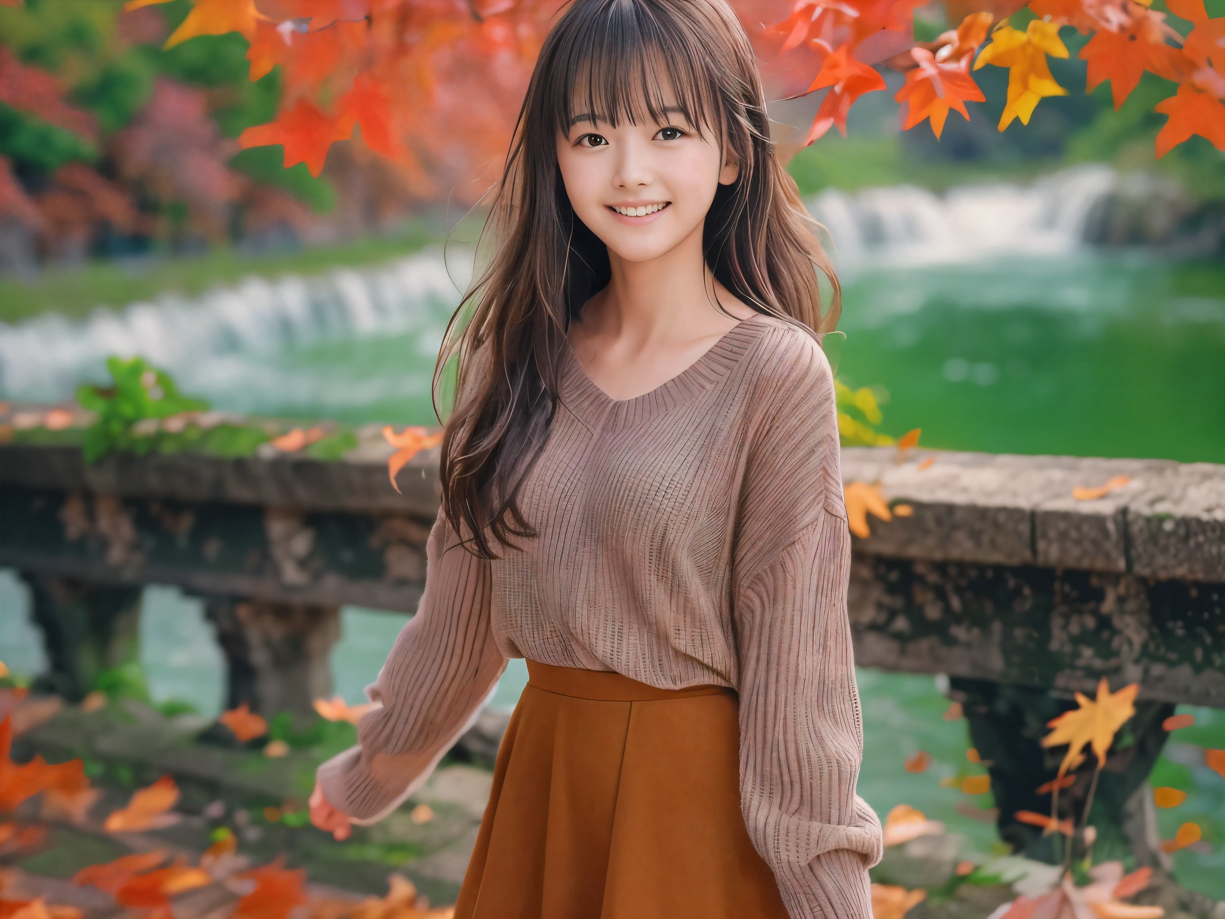 (Close up face shot of one slender small breasts half up brown long hair with bangs girl in a long sleeves shirt and sweater and skirt:1.5)、(One girl is dancing with happy smile on the dart road near the lake and big waterfall in Japan:1.5)、(Beautiful autumn red leaves landscpe:1.5)、(Natural light:1.5)、(8k ultra detailed master piece:1.5)、(perfect anatomy:1.5)、(Photorealistic stick:1.5)、(Raw photo:1.3)、(highest quality:1.5)、(High resolution:1.3)、(Delicate and beautiful perfect face:1.3)、(Delicate and beautiful eye air skin:1.3)、(Real Human Skin:1.3)、((thin legs))