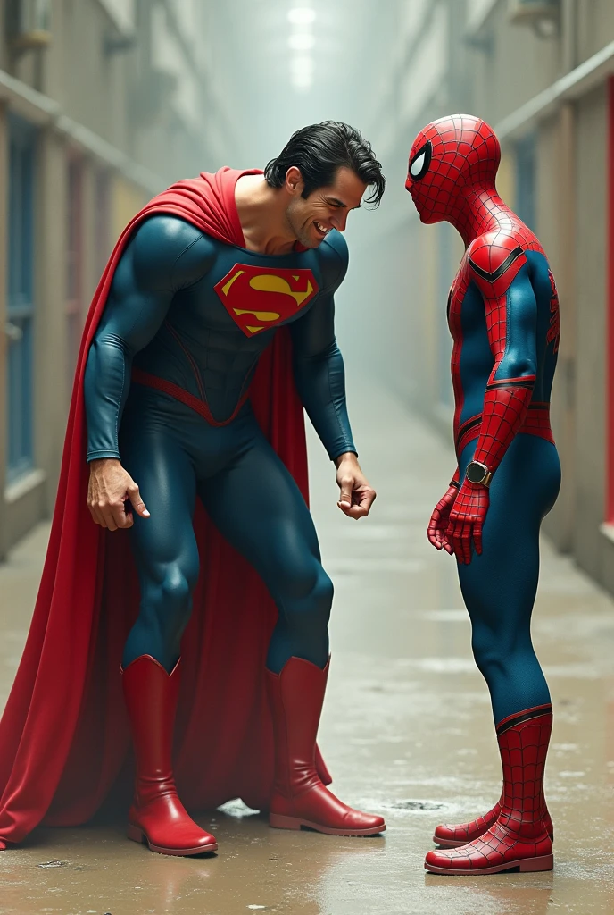 Superman bendover next to spiderman