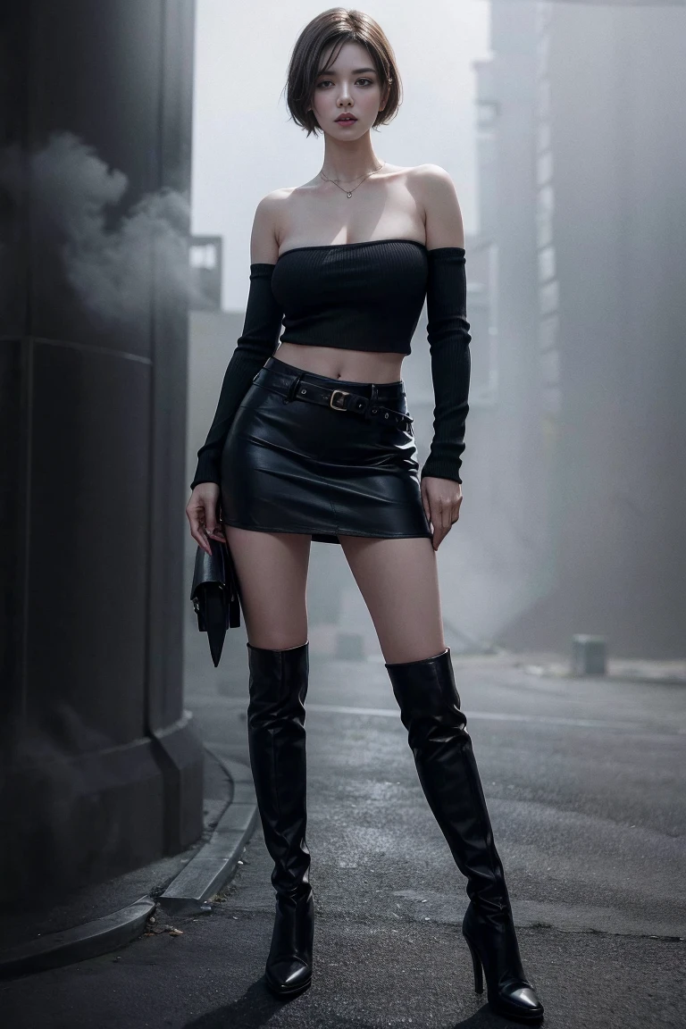 Extreme detailed photorealistic, best quality, masterpiece, HDR photorealistic image, extremely detailed, great lighting, Portrait, Simple color Palette, Hd, very Detailed, awesome Quality, reflecting, luminescent, translucent, Ethereal, Aura, character of Jill valentine, Jill Valentine,1girl,solo,skirt,solo,boots,miniskirt,brown hair,strapless,bare shoulders,short hair,knee boots,black skirt,pencil skirt,shirt,collarbone,blue shirt,sweater around waist,strapless shirt,sweater,bangs, high heel boots,microskirt,shorts,black shorts,short, White smoke, light beams through smoke, pose Korean finger love, big breasts big boobs big chest, underboob, cinematic composition, soft shadows, national geographic style, atmospheric haze, Film grain, cinematic film still, highly detailed,see #ab2cde3fgh