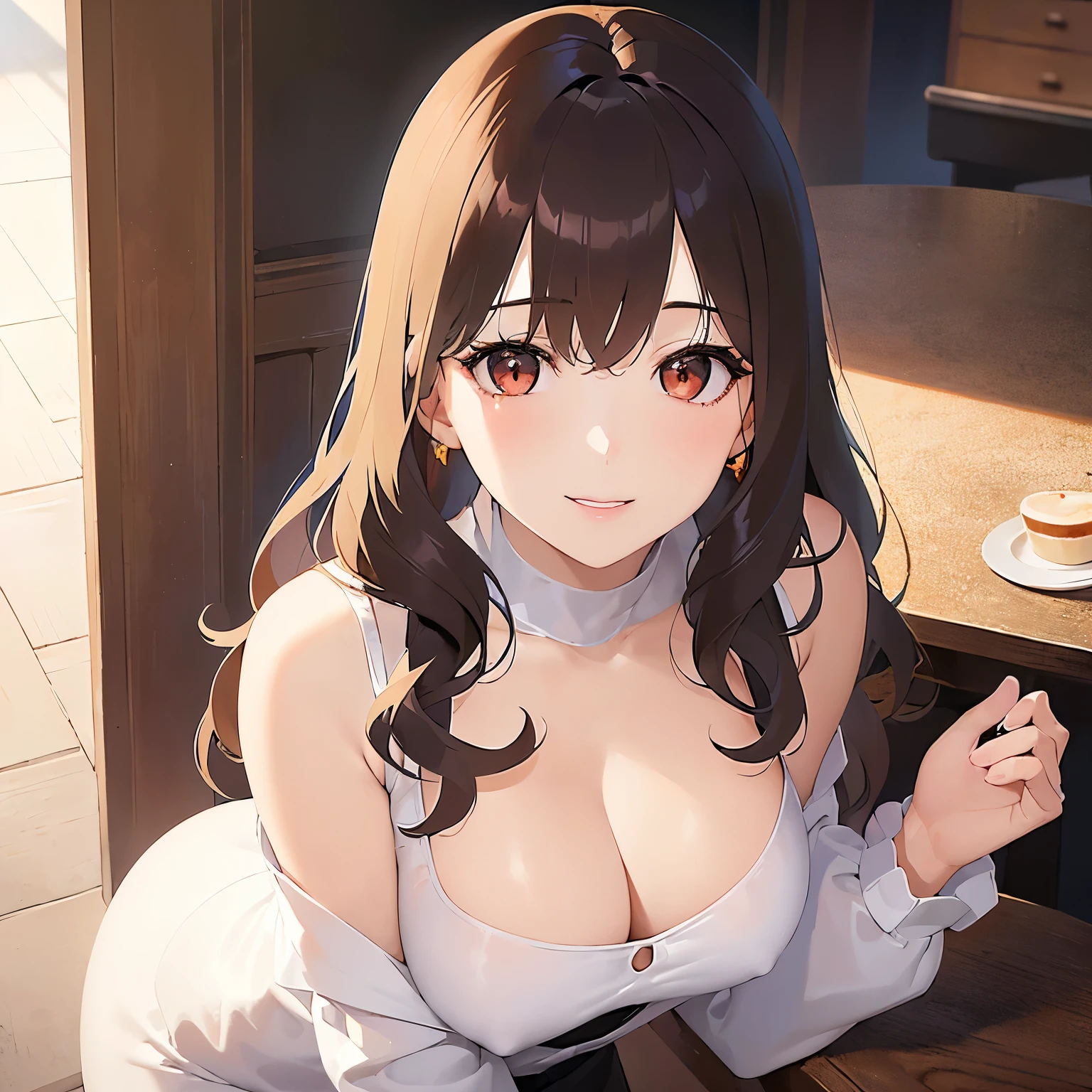 leaning forward, Shooting from above、looking up, Upper Body, Realistic, real person, (pale skin: 1.2), RAW photo, photorealistic, shiny skin, shiny hair、(A 2 woman with medium-length hair and bangs) and (wavy hair) and (brown hair) and (orange eyes) , White off-shoulder blouse 、smile, Cleavage, The background is a cafe、Alone、Are standing