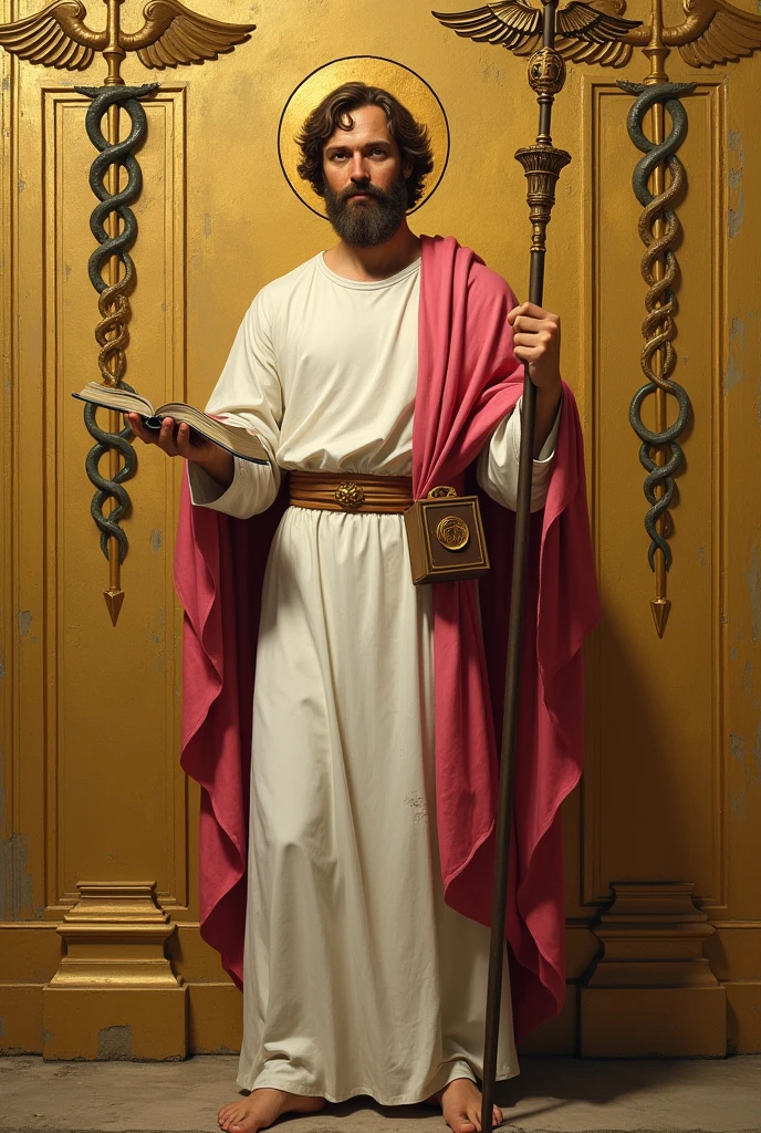 apostle saint matthew, patron of accounting, standing, with a white tunic and a pinkish red cloak, with his book in his left hand, holding his staff in his right hand, and in the background a golden wall with a symbol "caduceus painted on the side"