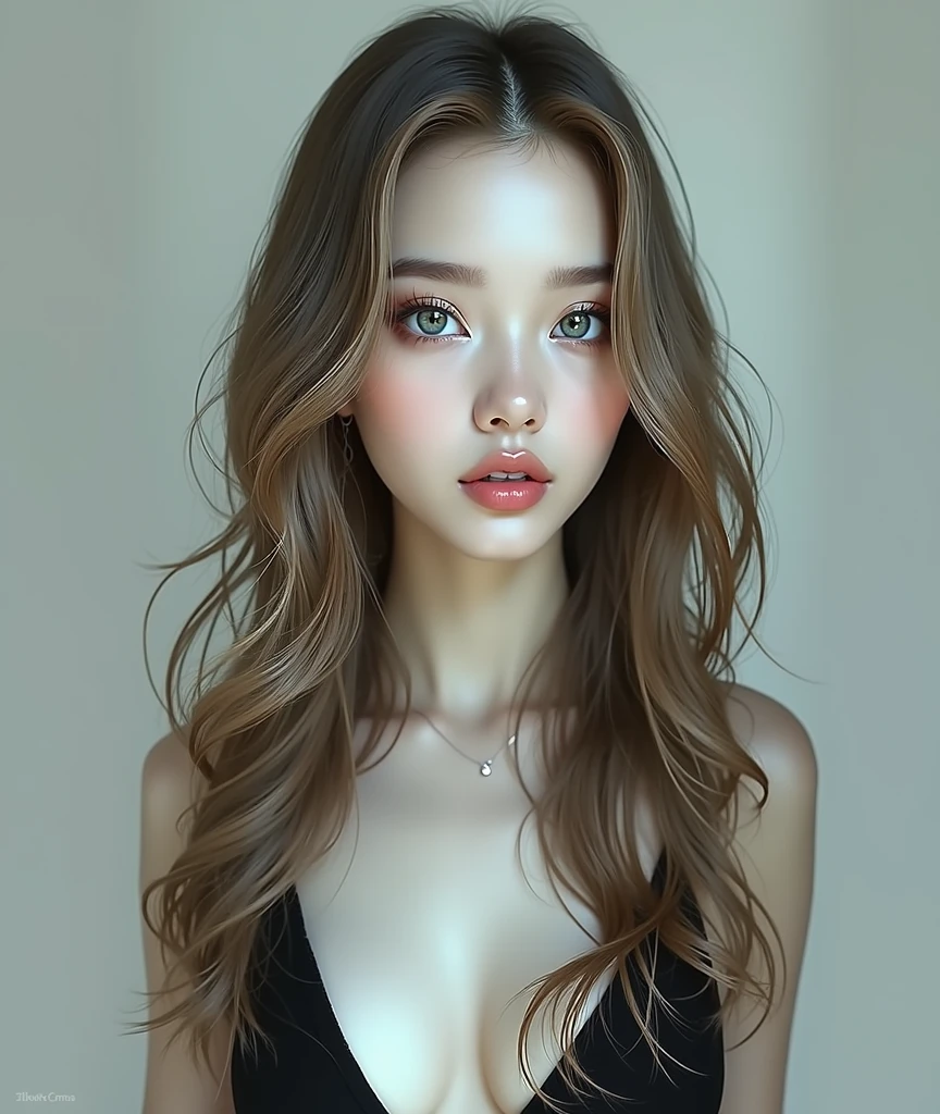 1 Girl,full body shot (1.3),corridor,Soft Light,Korean Beauty,Tight Fit,dress,Light-haired,long hair,
 white background, gorgeous korean-Russian girl, doll face, with thick and long wavy glossy brown with golden undertones hair, big and large dolly blue bright eyes, long and thick curly dark brown eyelashes, button upturned nose, high nose bridge, fullest and plumpest with a pout at the top rosy luscious lips, oval and heart shaped face mix, shorter face, shorter chin, v-shaped jawline, pointy chin, tiny face size, pale milky white traslucent perfect skin, whitening skin, hourglass shaped body, tiny and narrow waist, 21 inches waist, rounded hips, long and slender beautiful legs, big perfect brests (1.4), large breasts, full body image, realistic, photorealistic, ultradetailed, skin texture, hyperealismHigh Resolution, Closed Mouth, highly detailed, high resolution 8K, wearing a tight fit black dress highliting her horglass body