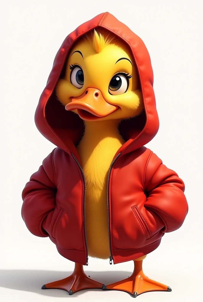 the duck has bright yellow plumage., but instead of its usual plumage, He is wearing a red hooded jacket that suits him very well... The hood covers your head and neck., giving it a very cool and modern look. the duck'eyes shine with curiosity, and their wings are ready to unfold at any moment.