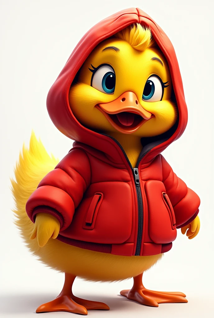 the duck has bright yellow plumage., but instead of its usual plumage, He is wearing a red hooded jacket that suits him very well... The hood covers your head and neck., giving it a very cool and modern look. the duck&#39;eyes shine with curiosity, and their wings are ready to unfold at any moment.