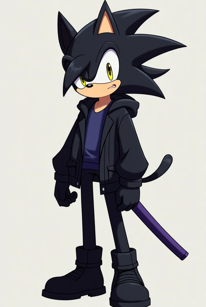 Create a male Sonic-style character with short, slightly spiky black hair covering his left eye a little., a big ponytail, big yellow eyes, Men's black windbreaker jacket with dark blue shirt, black gloves, black pants with men's black boots, with a purple sheathed katana on his back.