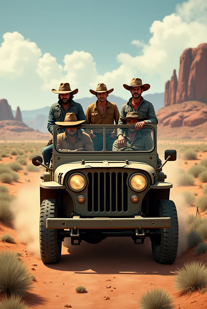 Open Jeep willys with 4 cowboys on it
