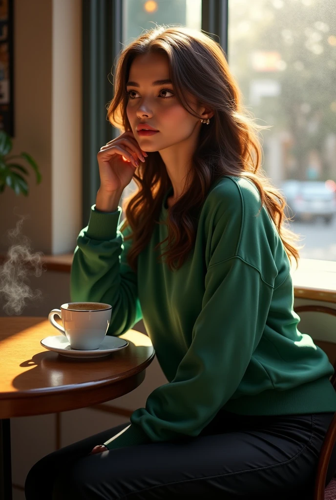 -High quality- -masterpiece- A beautiful, very pretty woman, with brown hair, black eyes, white skin, big breasts, dressed in a green sweatshirt, black pants, sitting having a coffee while looking out the window+
