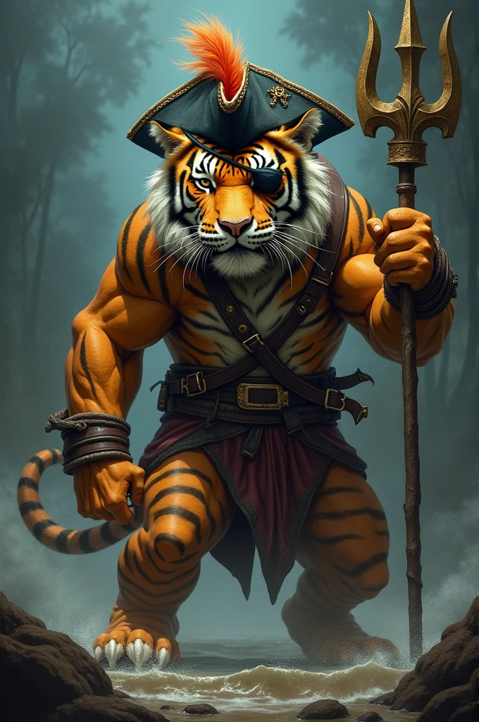 A tiger with a pirate eye patch, pirate hat and a trident