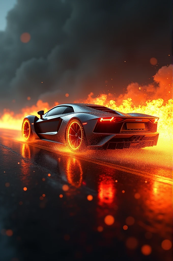 Wheel of super sports car on fire with movement