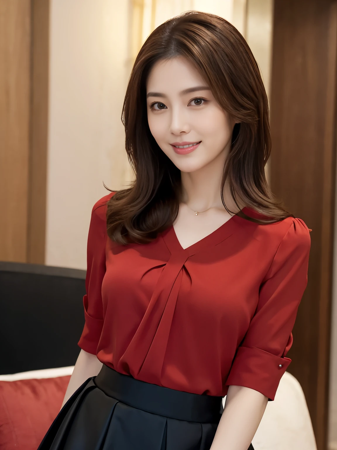 (Raw Photo), (Photorealsitic), (Masterpiece), (Best Quality), High Resolution, 8K, (Intricate Details), (Voluminous Light), Portrait, Female, Medium Straight Hair, Layered hair, Reddish brown hair, very fine eyes, source order, very fine eyebrows, very fine skin, very fine mouth, very fine nose, like an idol, happy smile, 2, (thick lips), (looking at the viewer), (elegant red blouse, black skirt), waist shot, (Random body orientation),