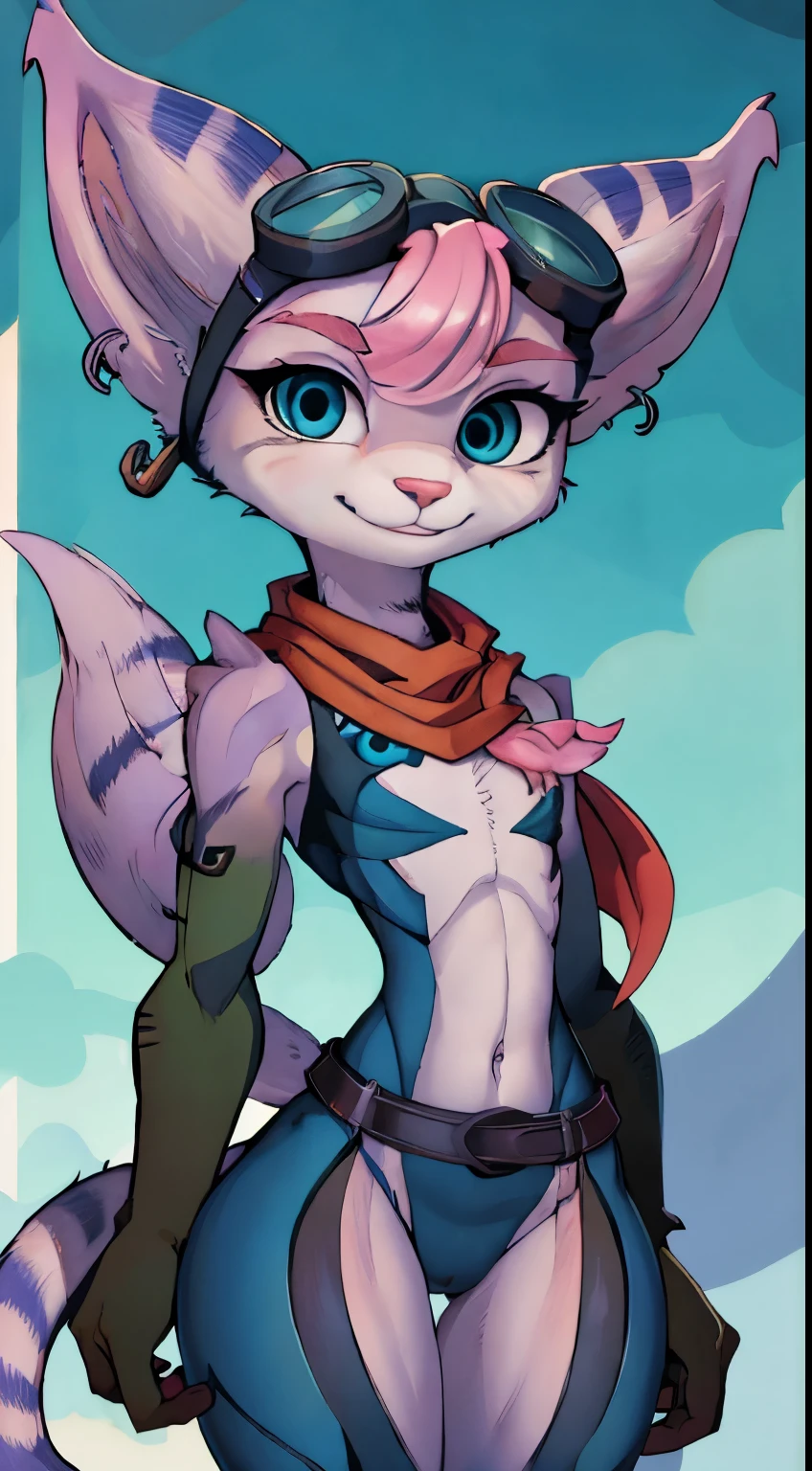 Furry, rivetlombax, blue eyes, animal ears, earings, goggles on head, Bangs, mechanical arms, a scarf, Bodysuit, belt, tail, woods, Smile,