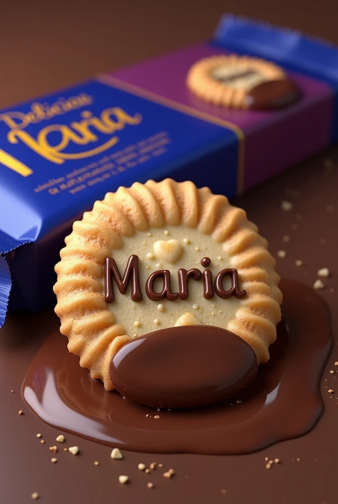 A thin round cookie on top has a layer of embossed chocolate. The cookie has some letters that say Maria is falling into a pool of chocolate. There is also a package next to the cookie. The package is royal blue with purple and has some gold letters that say Delicias Maria.