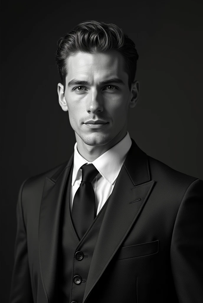 1man, handsome man, well-dressed man, man in suit, man looking forward, man smiling, [1920s era clothing], black and white photography, high quality, high resolution, detailed, photorealistic, elegant, charming, sophisticated, dramatic lighting, in house