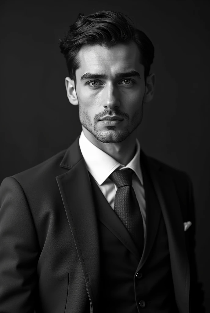 1man, handsome man, well-dressed man, man in suit, man looking forward, man smiling, [1920s era clothing], black and white photography, high quality, high resolution, detailed, photorealistic, elegant, charming, sophisticated, dramatic lighting, in house