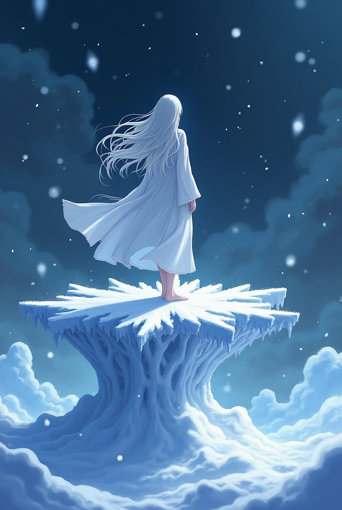 Landscape with a strong snow storm with a person with long white hair waving in the wind standing on a snowflake in the air with his back turned wearing a white sleeping robe in the middle of the night in anime style 