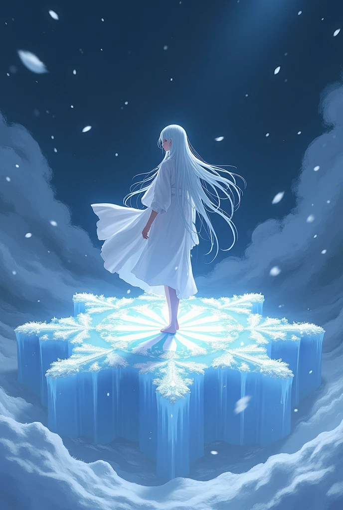 Landscape with a strong snow storm with a person with long white hair waving in the wind standing on a snowflake in the air with his back turned wearing a white sleeping robe in the middle of the night in anime style