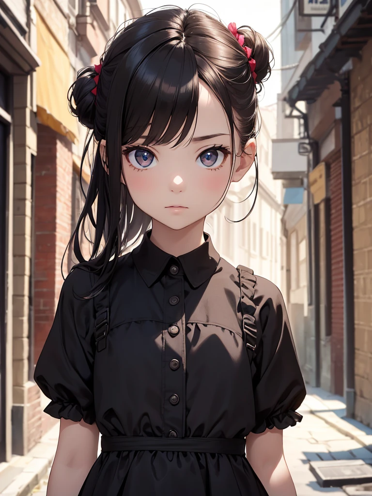 (8K, Best Quality, Masterpiece, Ultra High Resolution) Single Person, 1 Girl, Toddler, Young, Small Child, Cute Eyes, Face Details, Pale Skin, Slender, Short, Flat Chest, Dark Black Hair, Hair Buns, Brown Eyes, Hair Bow, Black Dress, Dark Alleyway, Best Quality, Upper Body, Looking at the Viewer, Facing Viewer, Close Up
