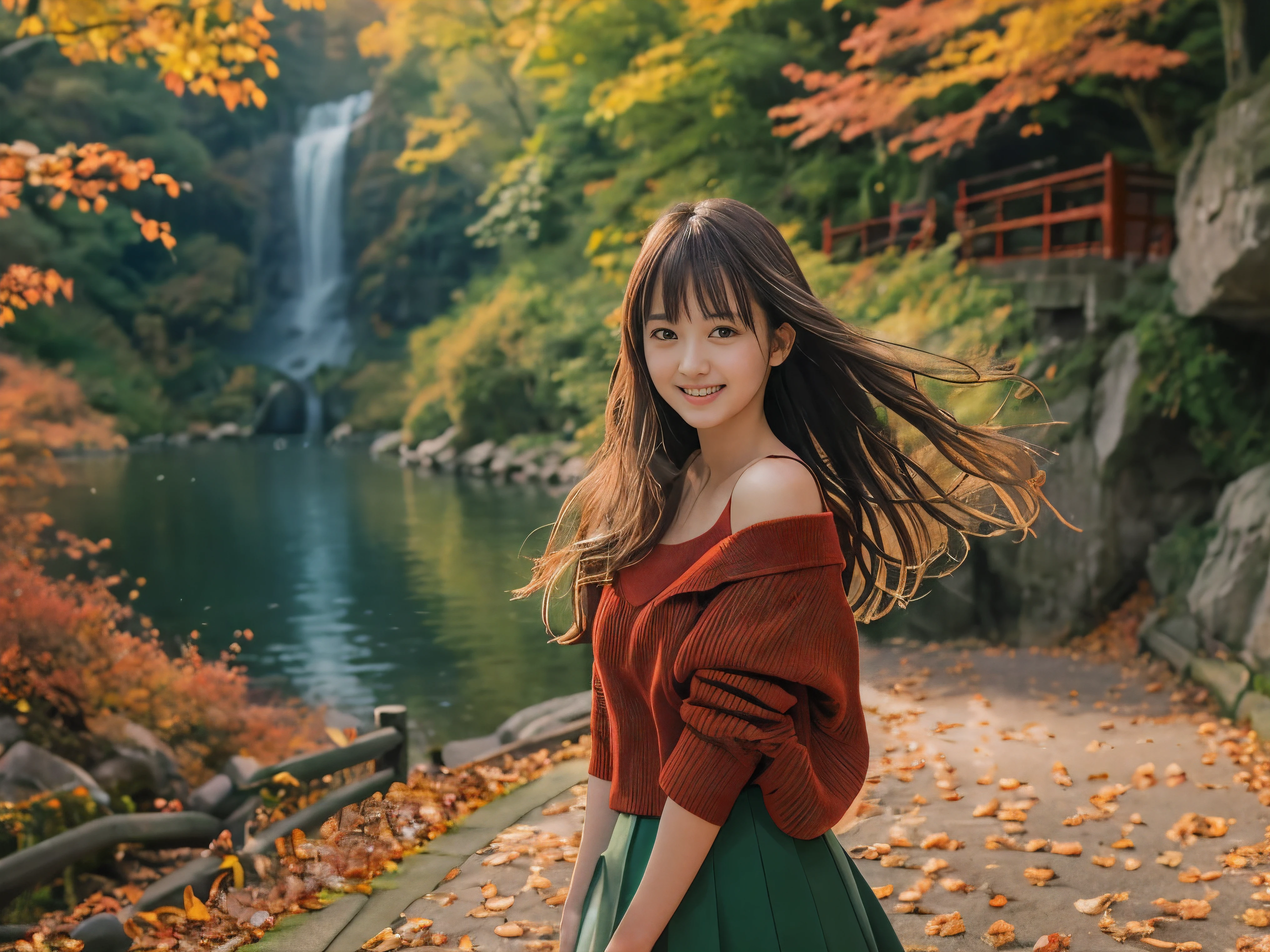(Close up face shot of one slender small breasts half up brown long hair with bangs girl in a long sleeves shirt and sweater and skirt:1.5)、(One girl is dancing with happy smile on the dart road near the lake and big waterfall in Japan:1.5)、(Beautiful autumn red leaves landscpe:1.5)、(Natural light:1.5)、(8k ultra detailed master piece:1.5)、(perfect anatomy:1.5)、(Photorealistic stick:1.5)、(Raw photo:1.3)、(highest quality:1.5)、(High resolution:1.3)、(Delicate and beautiful perfect face:1.3)、(Delicate and beautiful eye air skin:1.3)、(Real Human Skin:1.3)、((thin legs))