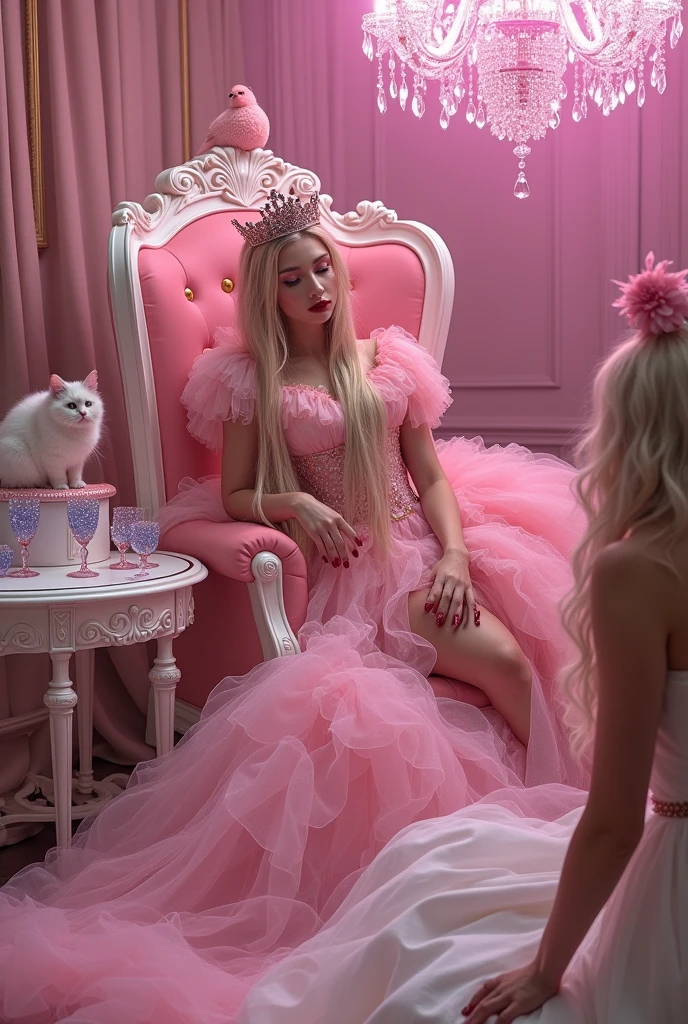 "A full-body shot of a post-party scene in a palace bathed in neon pink lighting. A drunk queen with a careless expression, wearing a layered pink and white dress (predominantly pink), leans nonchalantly against an all-pink throne. Her rose-gold crown, adorned with pink crystals, is tilted slightly to the left on her head. A white cat lounges on an extra-small pink sofa, while a pink bird perches atop the throne. The scene includes a messy gothic princess striking a pose, her long light blonde hair flowing over her shoulders, with a smudged red lipstick on her cheek and black mascara tears streaming down her face. She is dressed in a white lace silk gothic dress with many layers below the waist, embodying a beautiful yet disheveled ice queen.

The environment exudes a medieval fantasy vibe, with a white intricate throne and a pink crystal chandelier hanging from the ceiling. Blue crystal and gold gothic medieval candlesticks sit on a white table, surrounded by crystal wine glasses—one tipped over and another half-full. The entire setup is chaotic yet regal, capturing the essence of a wild and messy night in a fantastical gothic setting, illuminated by dynamic pink lighting and framed with the grandeur of medieval gothic style."

