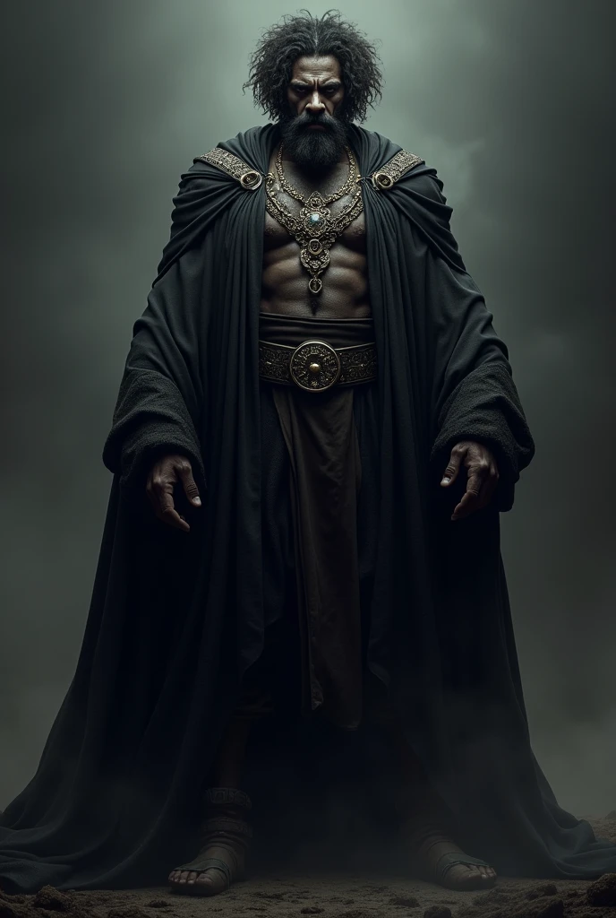 A huge black man with greasy, curly hair, wears a cloak that covers his entire body and a necklace that covers his chest.