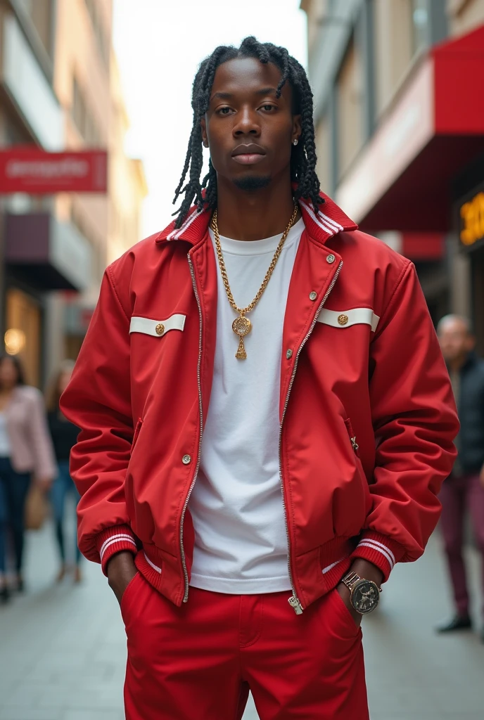 Jeunes homme stylé avec tresse et style américain vêtue de rouge et blanc 