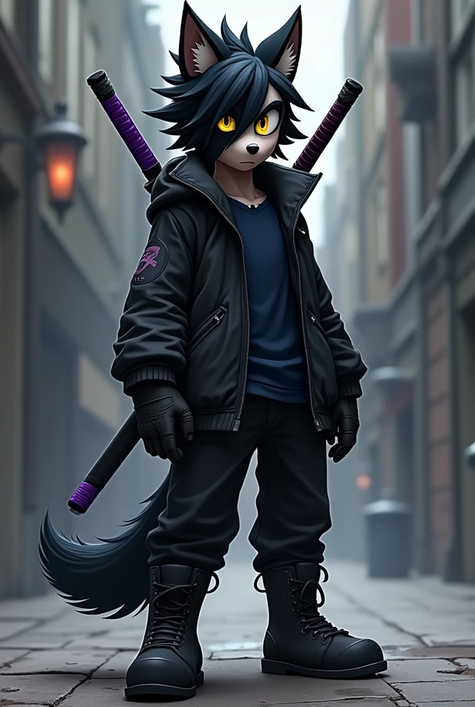 Create a Sonic-style character of the male wolf type with short, slightly spiky black hair covering the left eye a little., a big ponytail, big yellow eyes, Men&#39;s black windbreaker jacket with dark blue shirt, black gloves, black pants with men&#39;s black boots, with a purple sheathed katana on his back.