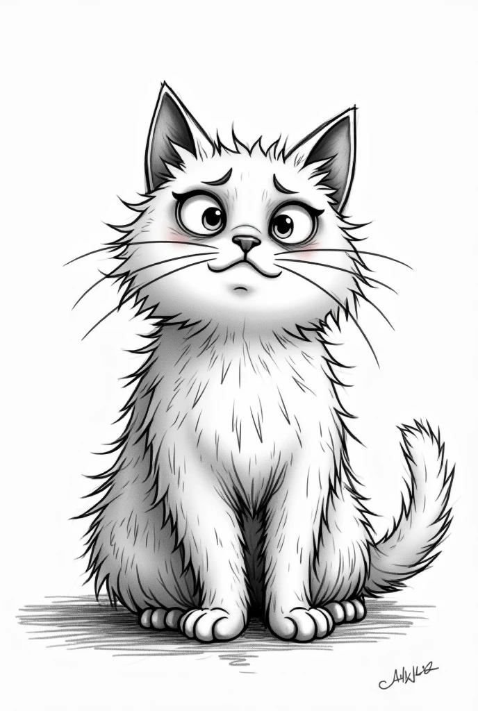 Create a sketch-like drawing of a furry but very wet and scared cat