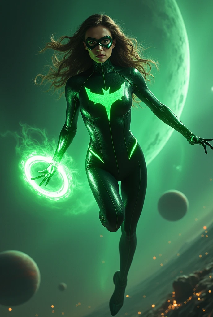 Green Bat-Lantern Woman with Mask,perfect,brunette,with a power ring shining on his finger,flying between planets,in outer space with the northern lights in the background