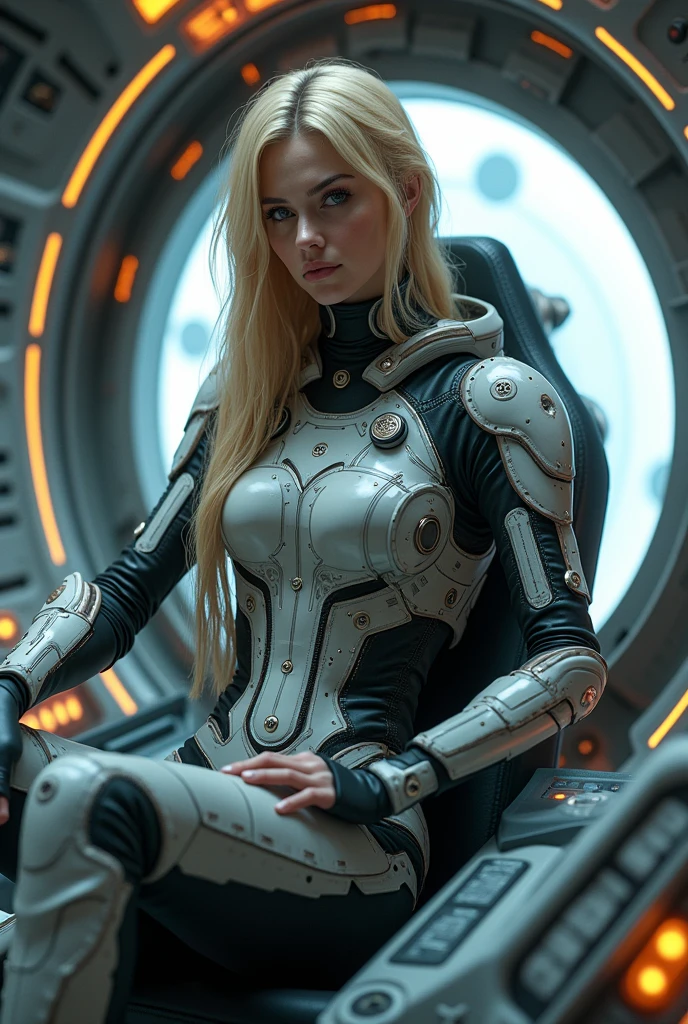 Create a highly detailed, realistic 3D image of a female astronaut seated inside a futuristic spacecraft cockpit. She is wearing a sleek, advanced spacesuit with a metallic and high-tech design, featuring intricate armor plating and illuminated panels. The astronaut has long, flowing blonde hair and a focused, determined expression. The cockpit is filled with advanced technology, including glowing control panels, digital displays, switches, and levers, giving the scene a highly futuristic feel. 