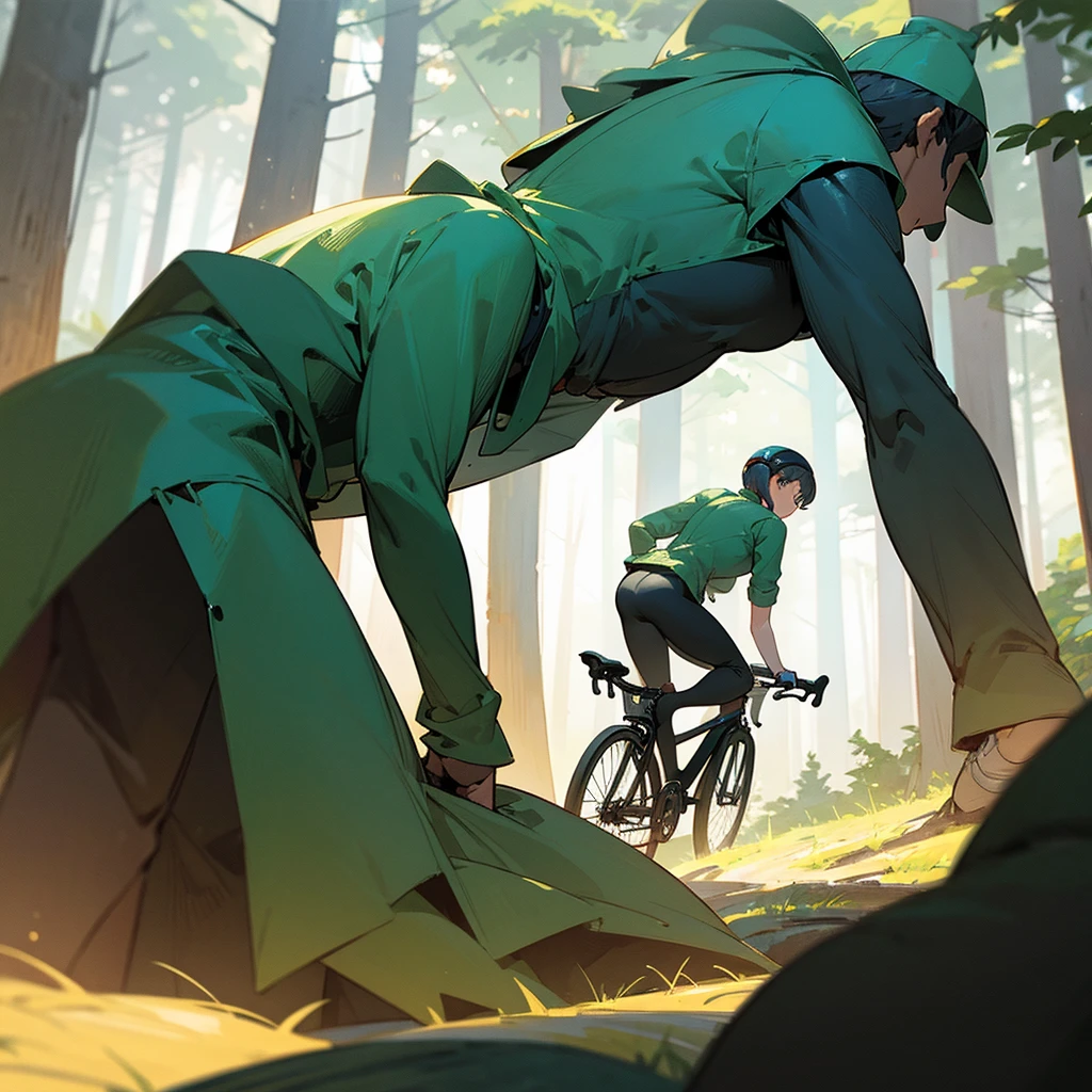 People walking in the forest, figure behind the trees, next to the person with their back turned riding a bicycle[figure lurking beside the trail], hq-style, High definition 